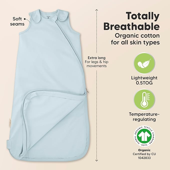 2-Pack Organic Baby Sleep Sacks, 100% Cotton - Soft & Breathable 0.5TOG Baby Wearable Blanket, Toddler Sleeping Sack 18-24 Months, Easy to Wear Transitional Swaddles for Newborns, Infants(Glacier, L)