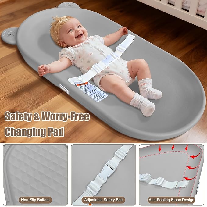 FLEUFAB Waterproof Baby Changing Pad, Lightweight and Portable Changing Table with Strap for Changing Diaper, Dresser, Changing Table, Bed, Wipeable Changing Pad, Grey
