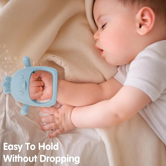 Baby Teether Toy for Infants 3–24 Months, Silicone Biting Toy with Handle, Textured Surface for Gum Soothing, Easy to Hold and Clean, Travel-Friendly Design (Chicken Dusty Blue)