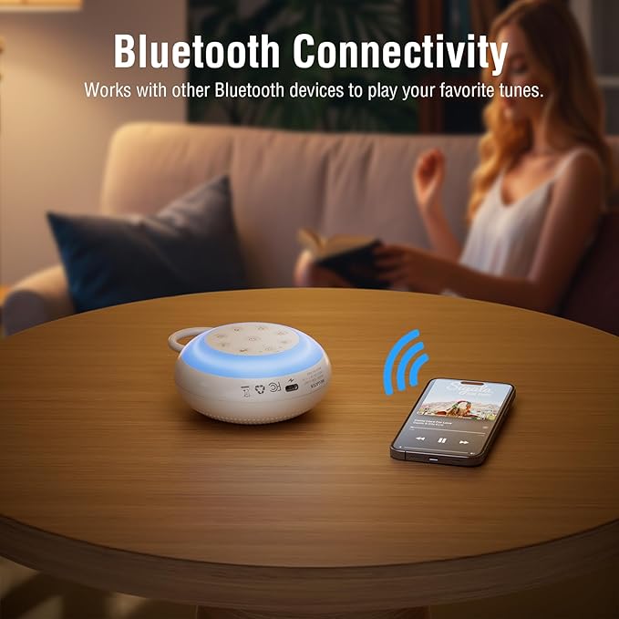 MEGATEK Sleep Sound Machine, 24 Soothing Sounds, 9 Color Dimmable Night Light, Bluetooth & 180s Voice Recording, 2000mAh Rechargeable Battery with Timer & Hook, Easy to Use for Baby & Adults