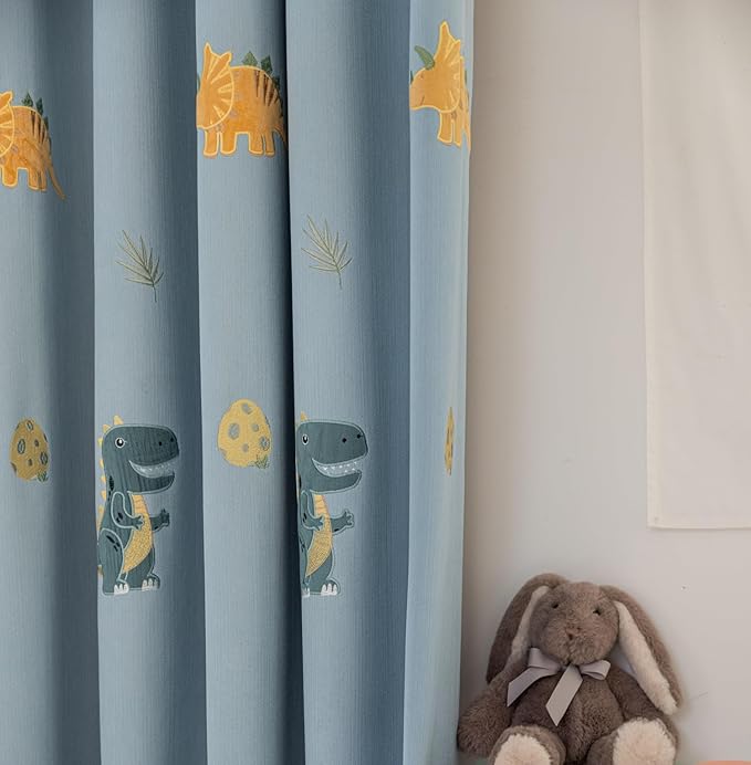 KMSG Cartoon Dinosaur Kids Curtains with Blackout Liner Embroidery Nursery Curtains for Children Boys Baby Bedroom Living Room Grommet Top Room Darkening Window Drapes 1 Panel (Blue,W78 x L102 Inch)