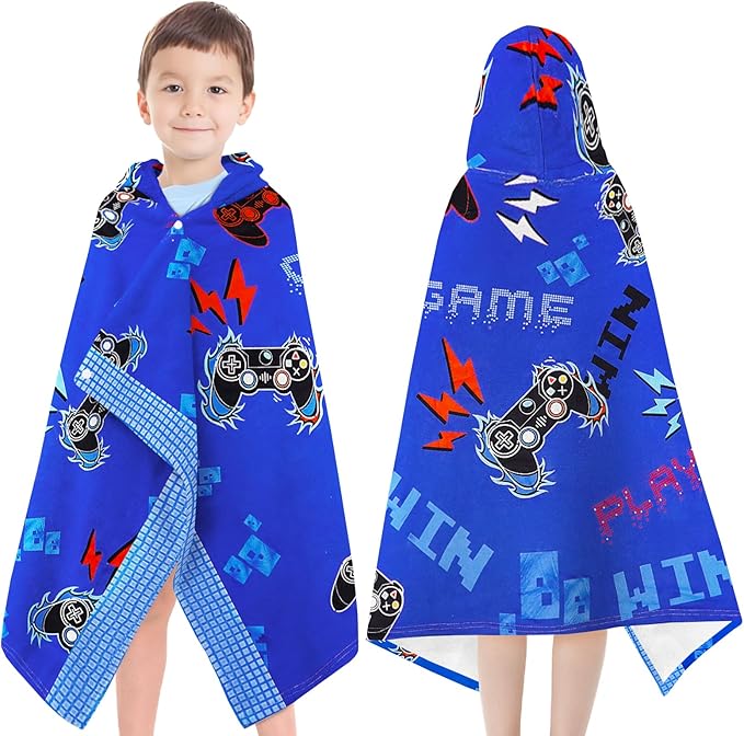 Hooded Beach Towel for Kids 3-10 Years- Soft Thick Cotton Video Gaming Gamepad Toddler Hood Bath Towels/Pool Terry Towel Poncho Wrap Absorbent Cute Bath & Swim Wrap for Boys & Girls-Blue