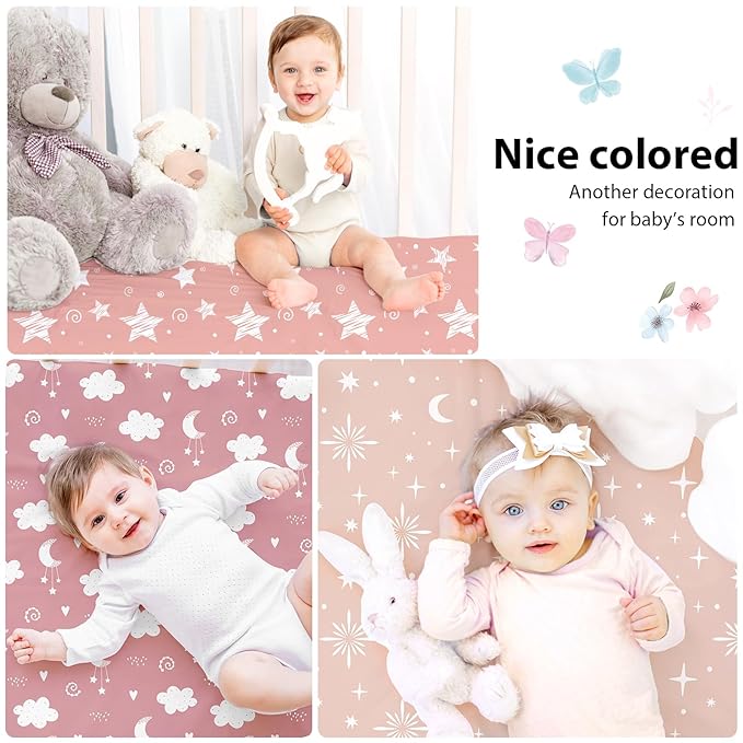 Baby Crib Sheets Girl, 3 Pack Toddler Bed Sheets Fit for 52”x28” Standard Crib and Toddler Mattresses, Super Soft Microfiber Pink Stars