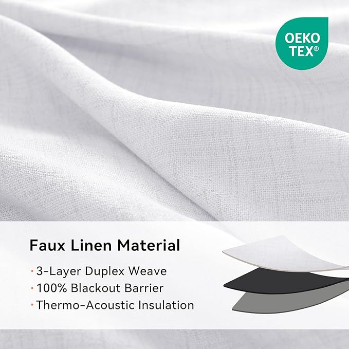 100% Blackout Shield Linen Blackout Curtains for Bedroom, Bright White Grommet Curtains for Living Room, Thermal Insulated Room Darkening Drapes for Nursery, Boho Home Decor, 50" W x 96" L, 2 Panels