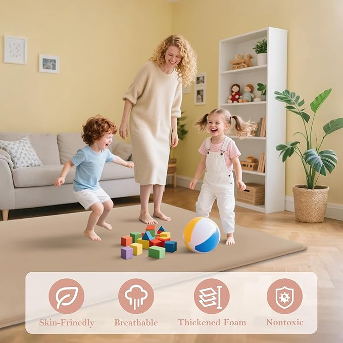 PapaMama 1.3" Thick Plush Baby Crawling Mat, 50x50 Playpen Mat, Ultra Soft Foam Play Mats for Baby, Water-Repellent Coral Velvet for Tummy Time, Nursery Rug with Non-Slip Backing, Non Toxic Suitable Toddlers（Beige）