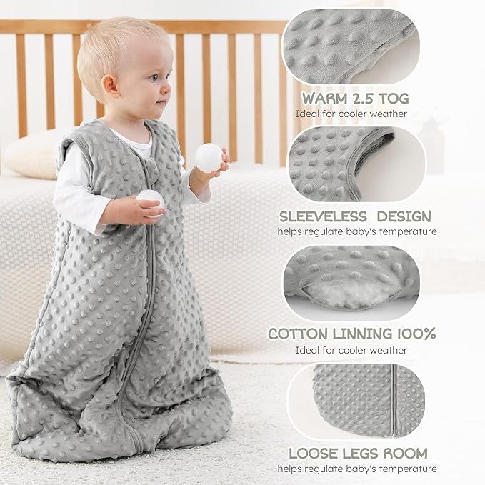 FILLEEP Fleece Baby Sleep Sack 18-24 Months with Plush Dots, Winter Baby Wearable Blanket for Infant Toddler Sleeping Sack 2-Way Zipper Warm Sleepsack, Grey