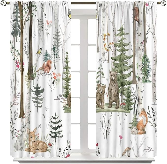 Forest Animals Kids Curtains, Wild Rustic Bear Fox Deer Children Cartoon Window Treatments for Living Room, Watercolor Blackout Drapes 2 Panel Sets,72x63 Inch
