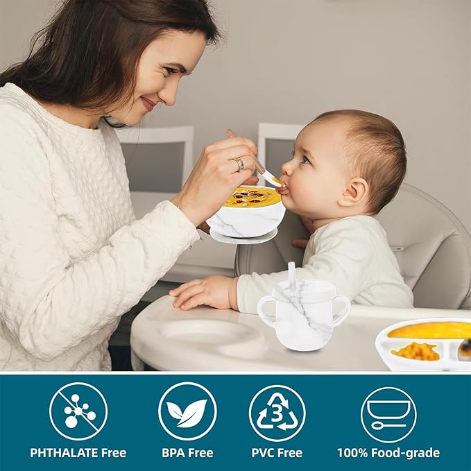 Dormlony 9pc BPA Free Silicone Baby Feeding Set - White: Suction Bowl, Divided Plate, Sippy Cup, Bib, Spoons, Forks - Baby Eating Utensils