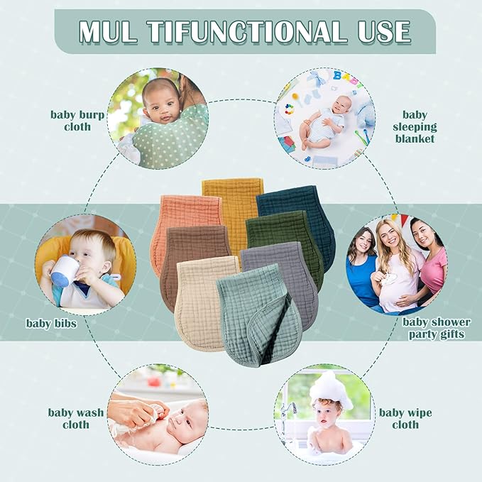 Frienda 8 Pack Muslin Burp Cloths for Baby Large 20 x 10 Inch Cotton Burp Rags for Spit up Drool Absorbent Soft Multicolor Wash Cloths Diapers for Newborn Girl Boy Essential Shower Gift(Vivid Color)