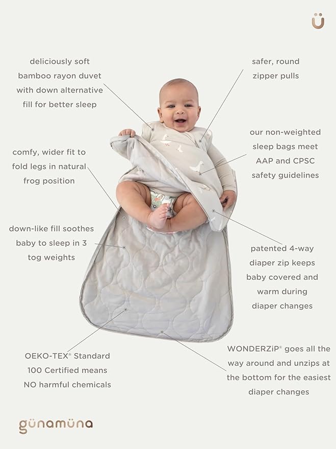 GUNAMUNA Long-Sleeve Sleep Sack for Babies and Toddlers, Wearable Sleep Bag, Easy Diaper Changes, Soft Rayon, 2.5 TOG