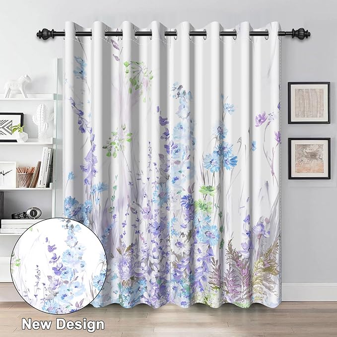 Renaiss Purples Blue Floral Print Blackout Curtains, Pastel Wild Flowers Thermal Insulated Bedroom Window Curtains, Spring Floral Art Window Drapes for Living Room, 96" L x 42" W 2 Panel Set