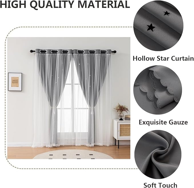 Light Gray Curtains for Kids Bedroom Nursery Decor Star Cutout Double Layer Light Blocking Blackout Curtains for Living Room Kids Room Grommet Top Curtain 2 Panels 42 x 63 inch