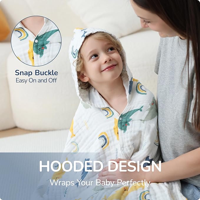 Toddler Hooded Bath Towels,100% Cotton Muslin Baby Towels for Boys Girls,Ultra Soft & Absorbent Quick Dry Kids Towel for Beach,Pool,Bathroom,Large 43x43 Inch