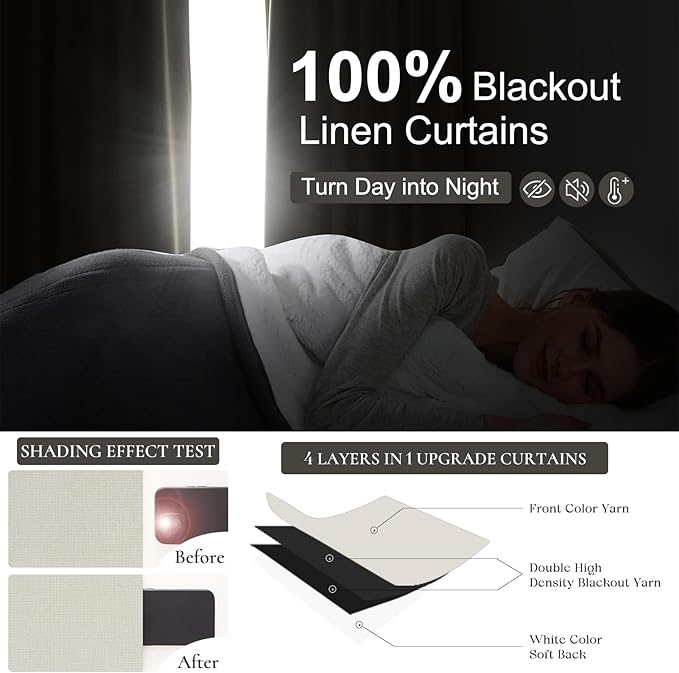 Tall Curtains for Living Room 108 Inches Long, Linen Pinch Pleated 100% Blackout Viral Window Curtains with Hooks for Bedroom Thermal Pleated Drapes for Nursery Beige White(40" Wx108 Lx2 Panels)