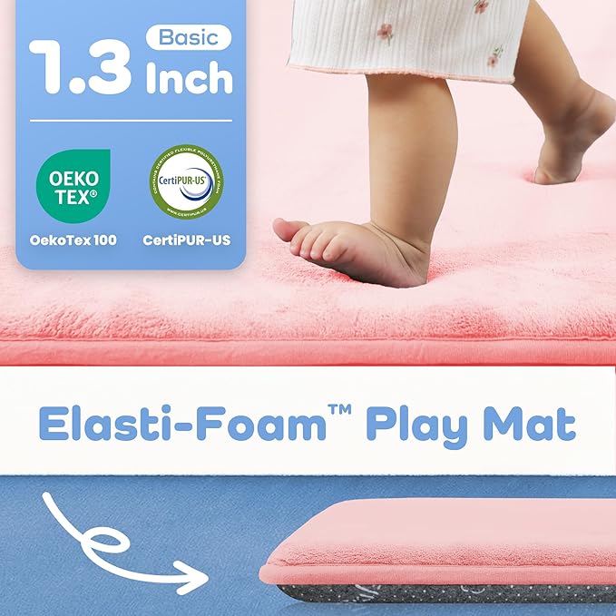 1.3" Thick Baby Floor Play Mat 71x79, Basic Padded Foam Mat for Tummy Time Crawling, Non Slip Cushioned for Babies Toddlers Infants Kids (Pink)
