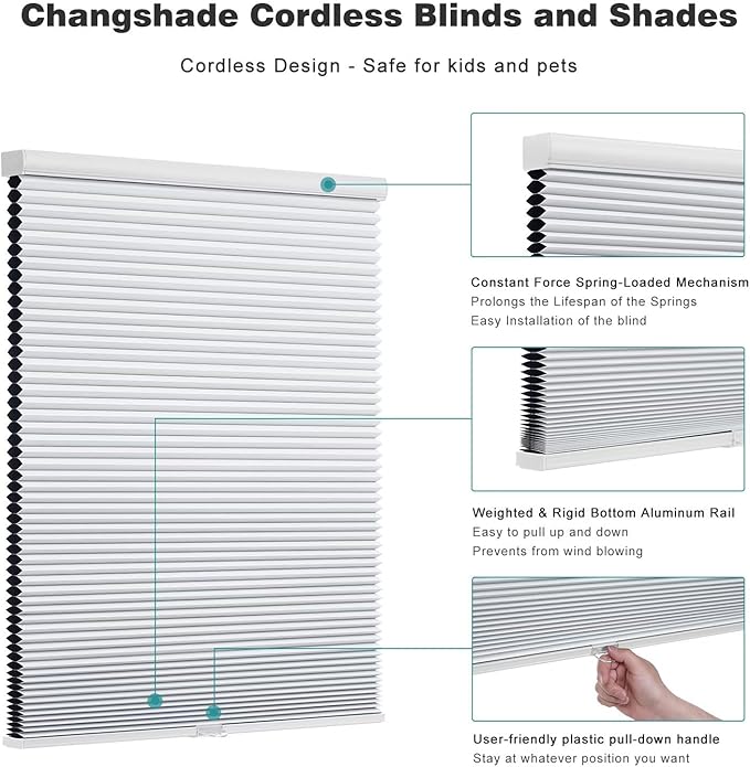 Changshade Cordless Cellular Shades, Blackout Honeycomb Shades for Windows, Pull Down Pleated Blinds, Easy to Install for Indoor Windows and French Doors,27" W x 48" H, White