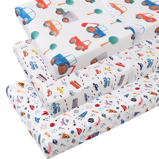 Tontukatu Changing Pad Cover Set 3 Pack Jersey Knit Ultra Soft for Baby Boys Girls Rocket Satellite/Car/Bus