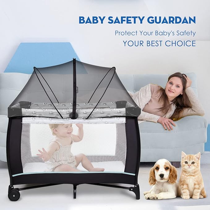 Beberoad Love Pack and Play Cover Playpen Mosquito Net Cover to Keep Cats Out Breathable Net Cover with 2-Way Zipper (Black)