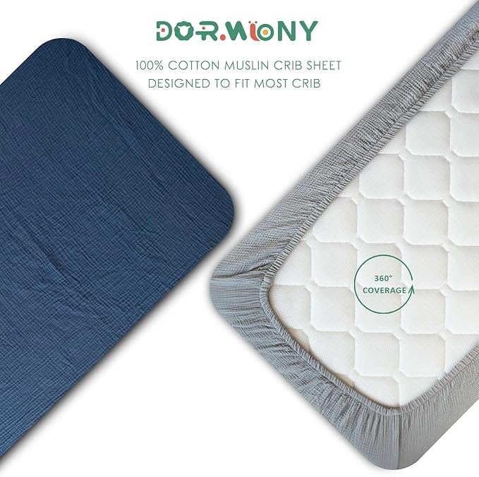 Ultra Soft Muslin Crib Sheets for Baby, Premium Breathable Organic Cotton Crib Fitted Sheet for 52’’x28’’Standard Crib and Toddler Mattress,Grey&Navy Blue