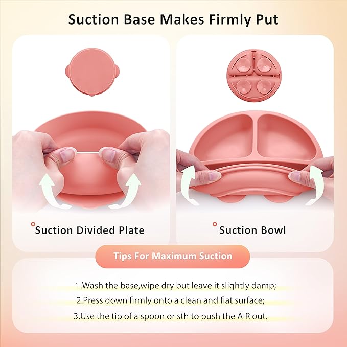 Bufims Silicone Baby Feeding Set, Baby Led Weaning Supplies, Eating Essentials Utensils with Suction Plate and Bowl, Pocket Bib, Sippy Cup with Lid, Forks Spoons Snack Container, for 6+ Months, Pink