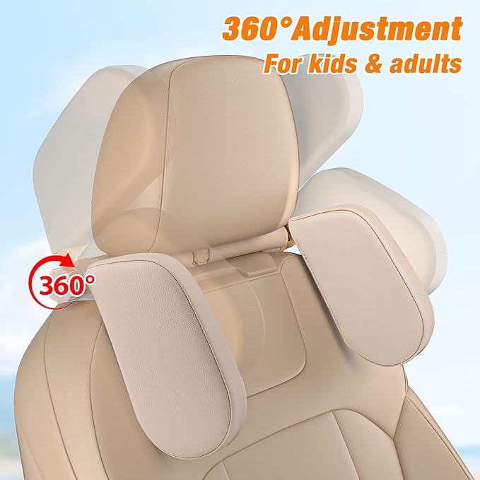 Car Seat Headrest Pillow, 360° Adjustable Car Seat Head Neck Support Rest Cushion, Travel Car Sleeping Pillow for Kids Adults-Beige