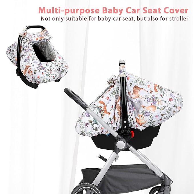 Baby Car Seat Cover, Minky Winter Infant Car Seat Cover with Windproof & Breathable Peep Window, Protects Baby from Wind & Sun (Woodland Animals)