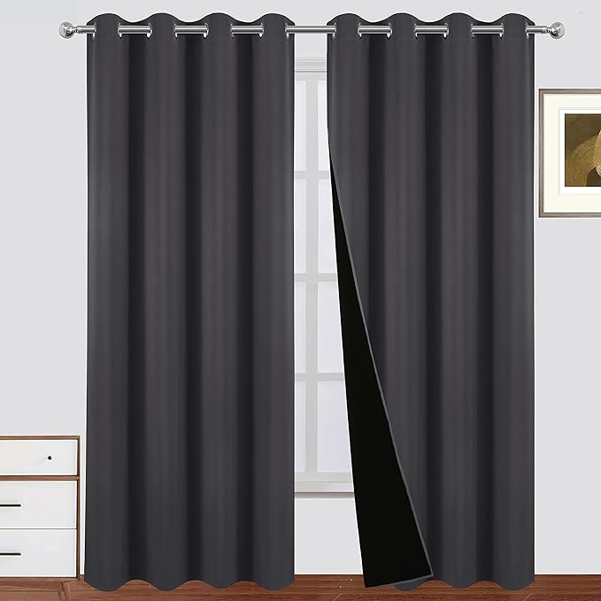 LEMOMO 100% Blackout Curtains 66 x 84 Inch Dark Grey Curtains 2 Panels Darkening Thermal Insulated Bedroom Curtains
