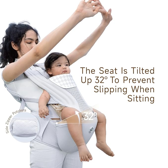 HBR Baby Carrier with Hip Seat, 2-in-1 Ergonomic Front Facing Toddler Carrier, Breathable Mesh, Air-Padded Shoulder Straps & Reflective Back Support, Fits Waists up to 47 Inches, Silve Mist White