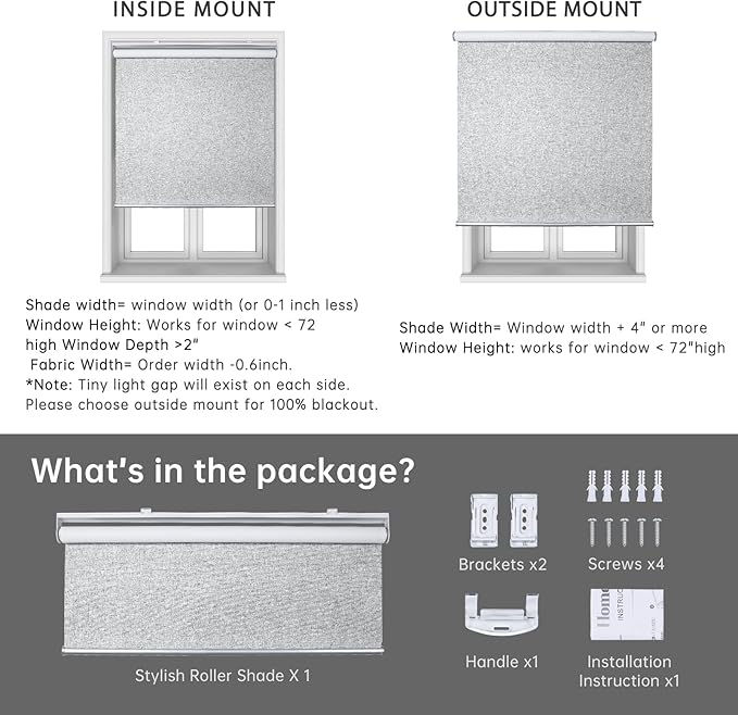 Homebox Cordless Blackout Roller Shades for Windows, 100% Room Darkening Blinds with Thermal Insulated Easy Install Spring System for Home, Living Room, Nursery (41" W x 72" H, Grey)