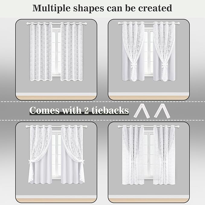 Yinhua Blackout Curtains for Bedroom Double Layer Grey Curtains for Living Room 84 Inch Length 2 Panels Set Kid Curtain with Floral Sheer Overlay, Grommet Drapes with Tiebacks, 52" W x 63" L