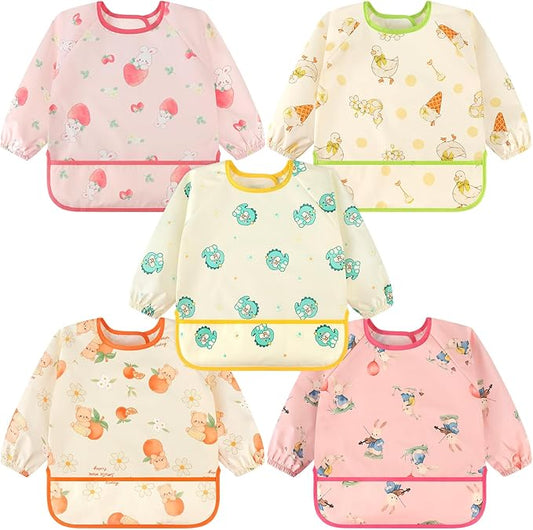 Accmor 5 Pack Long Sleeve Bibs, Baby Smock Waterproof Sleeved Bib Smock for Baby Toddler 6-36 Months