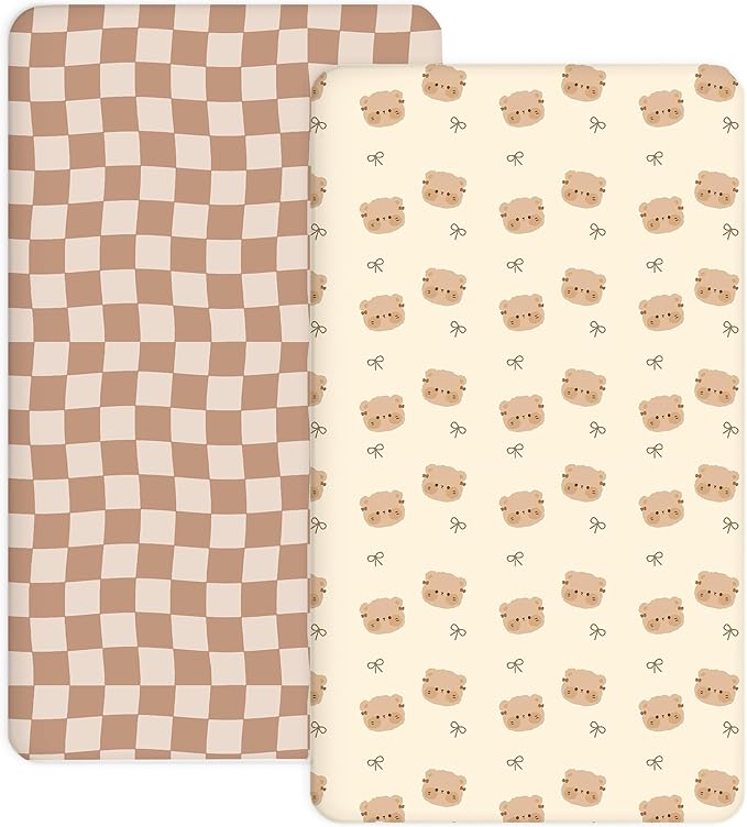 Crib Sheets for Boys and Girls, 2 Pack Fitted Baby Sheets for Standard Toddler Mattress 28" x 52", Soft Breathable Jersey Knit Baby Bedding (Teddy Bow)