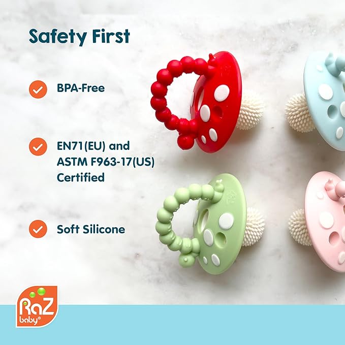 RaZbaby Soft Silicone Infant & Baby 3M+ Teether Toy Massaging Bristles Teething Relief Pacifier - Soothes Sore Gums - Hands-Free & Easy-to-Hold Chompy Teether 4PK, BPA Free (Lavender/RED/Pink/Green)