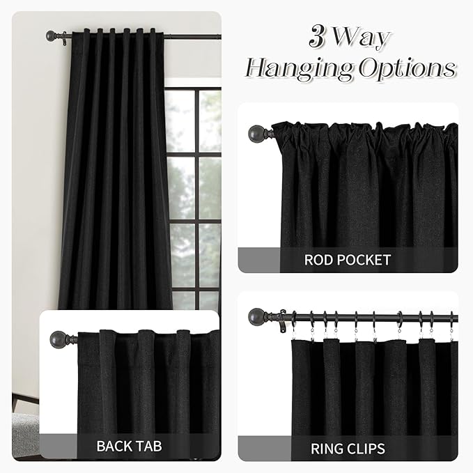 Blackout Curtains 84 Inches Long, Black 100% Blackout Curtains for Bedroom - 2 Panels, 52x84 Inch, Room Darkening Curtains for Living Room, Back Tab and Rod Pocket Black Curtains