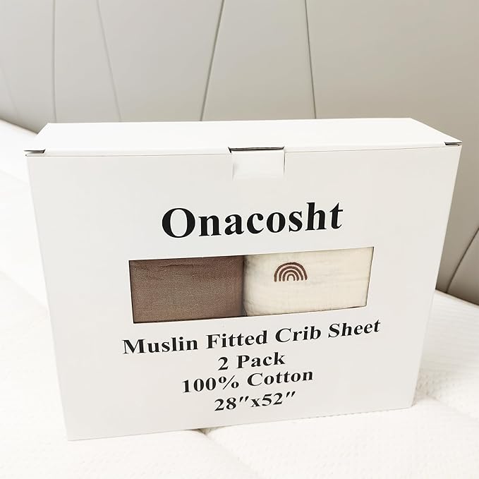 Onacosht Muslin Crib Sheets for Boys Girls, Soft Breathable 100% Cotton Baby Fitted Sheet 52" x 28" for Standard Toddler Crib Mattress, 2 Pack, Brown and Rainbow