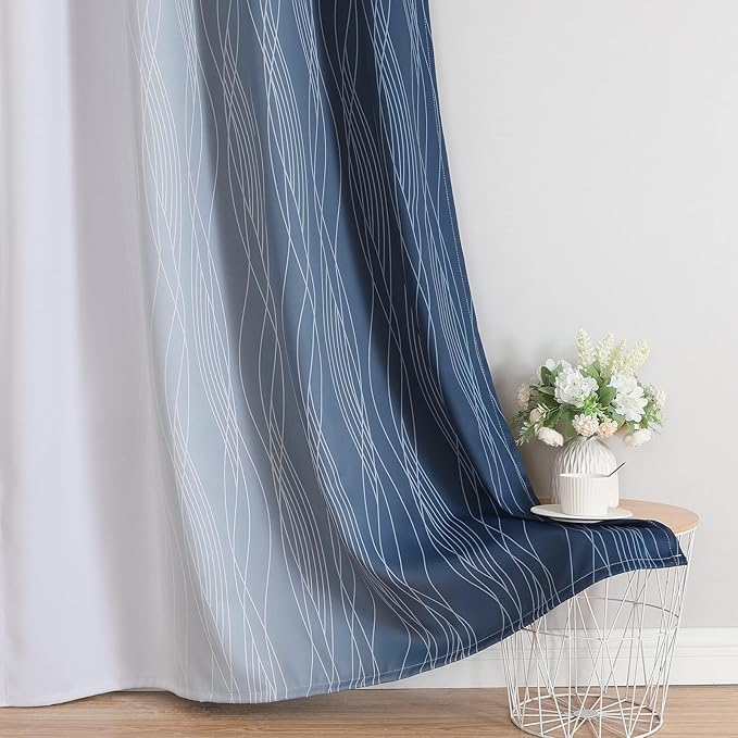 Estelar Textiler Grayish White and Navy Blue Blackout Curtains for Living Room, Ombre Thermal Insulated Noise Reducing Blackout Drapes for Bedroom, Room Darkening Grommet Curtains, 42Wx63L, 2 Panels