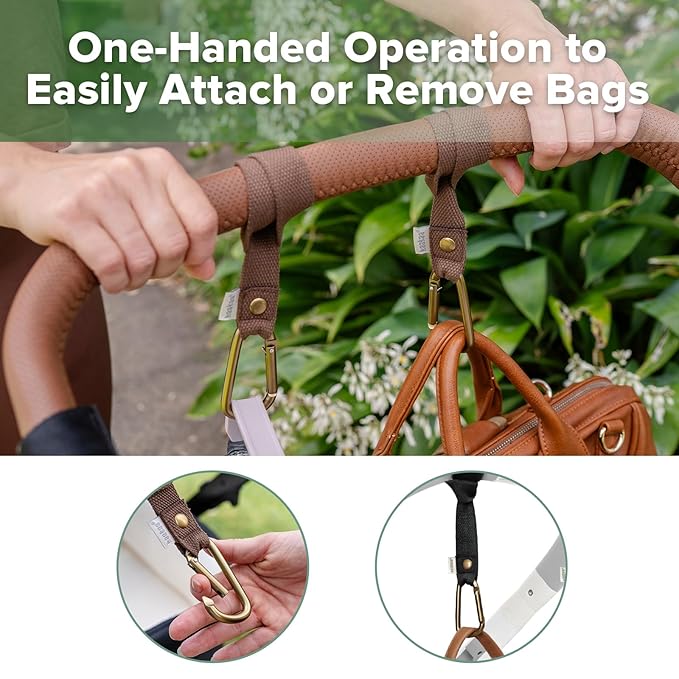 haakaa Baby Stroller Hooks for Bags丨Universal Stroller Straps and Hooks, Non-Slip with One-Hand Opening, Multipurpose Hooks for Diaper Bags, Backpacks, Bikes & Shopping Carts - Brown, 2 Pack