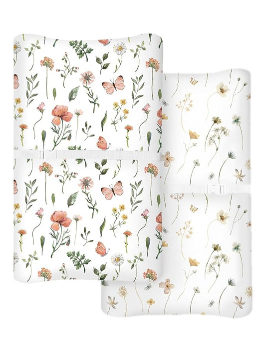 Changing Pad Cover for Baby Boys Girls 2 Pack, Fits Standard 32”×16” Changing Table Pads, Silky Breathable Stretch Knit, Machine Washable (Butterfly Garden)