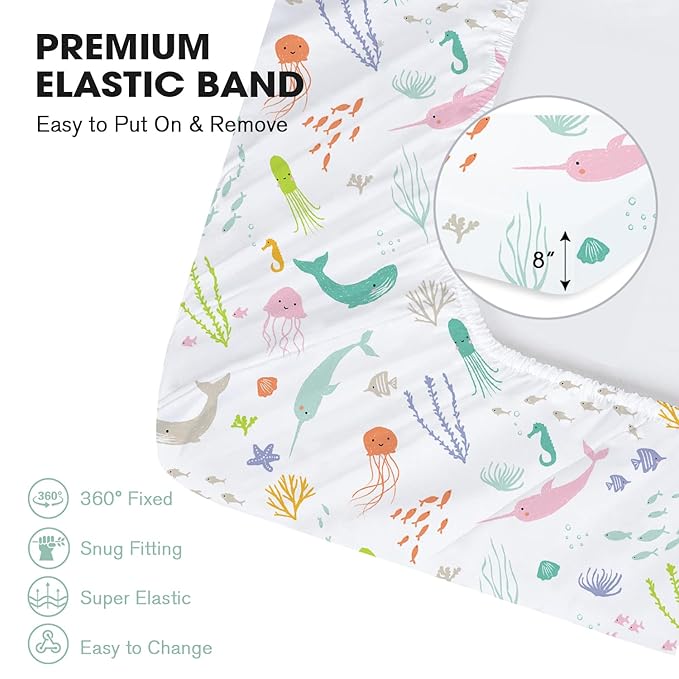 Little Grape Land Crib Sheets 2 Pack, Microfiber Fitted Crib Sheet for Standard Crib Mattress 52"x28"x8", Soft and Neutral Baby Crib Sheets for Boys and Girls, Breathable & Easy Care, Pastel Ocean