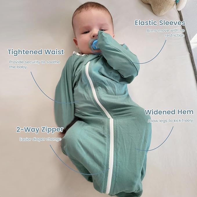 ZIGJOY Shark-Fin Transitional Swaddle for Newborn - 0.5 Tog Rayon Made from Bamboo Transition Swaddle Sleep Sack 3-6 Months Baby Arms Up Swaddle Blanket with 2-Way Zipper, Green&Grey
