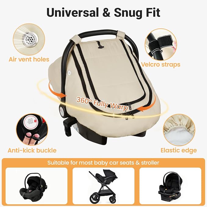 Rquite Car Seat Cover Baby, Winter Carseat Covers Boy Girl, Waterproof Infant Car Seat Cover Warm Car Seat Canopy for Cold Weather, Windproof Baby Carrier/Stroller Cover with 2 Layers Windows, Beige