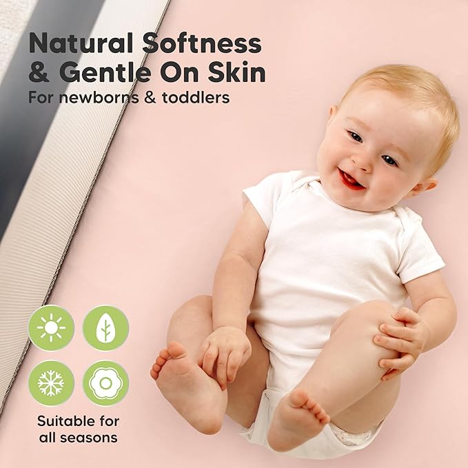 2 Pack and Play Sheets, Waterproof Mini Crib Sheets Fitted - 38x26 Organic Cotton Pack N Play Sheets for Graco Pack and Play Mattress, Playard Baby Crib Sheets, Neutral for Boy, Girl, Toddler (Cameo)