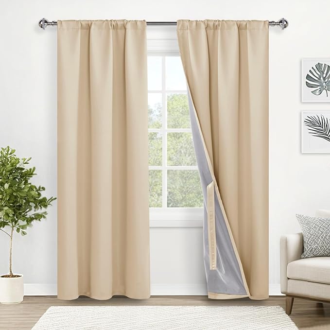 XWZO Total Blackout Curtains with Tiebacks - Rod Pocket & Back Tab Thermal Insulated Noise Reducing Heat Blocking Drapes for Hall and Studio Windows, Biscotti Beige, W42 x L84 Inches Long, Set of 2