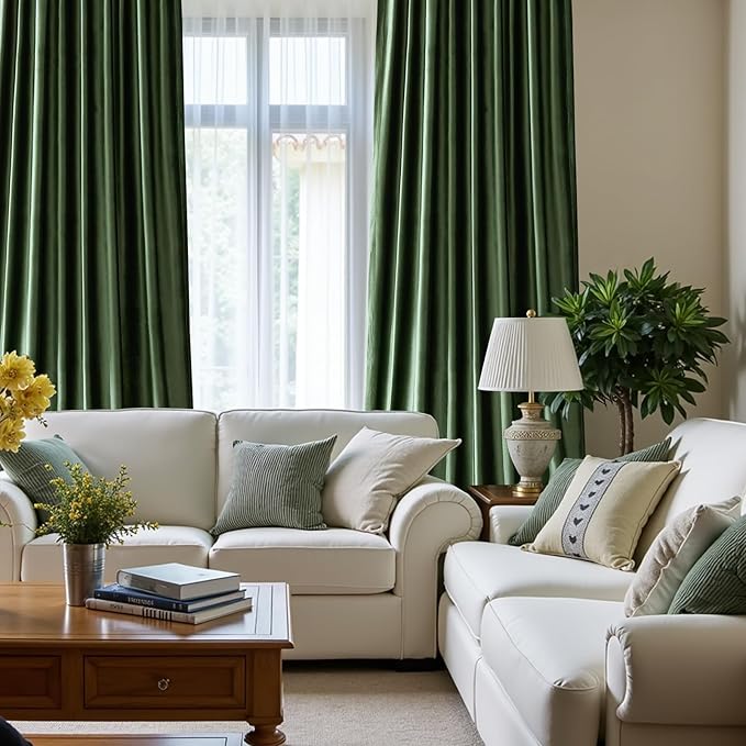 PRIMROSE Emerald Olive Green Velvet Curtains 72 inch Long for Living Room,Set of 2 Panels Blackout Rod Pocket Back Tab Window Treatment Room Darkening Heavy Decorative Curtains Drapes for Bedroom