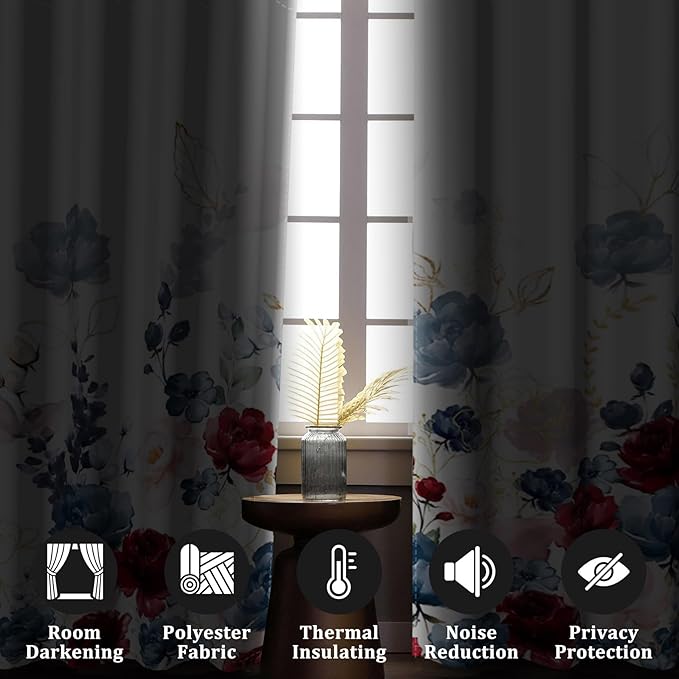 Renaiss Floral Blackout Curtains Watercolor Gray Blue and Red Peony Flower Bloossom Thermal Insulated Window Drapes for Bedroom 29W x 55L inches 2 Panel Set Window Curtains for Kitchen