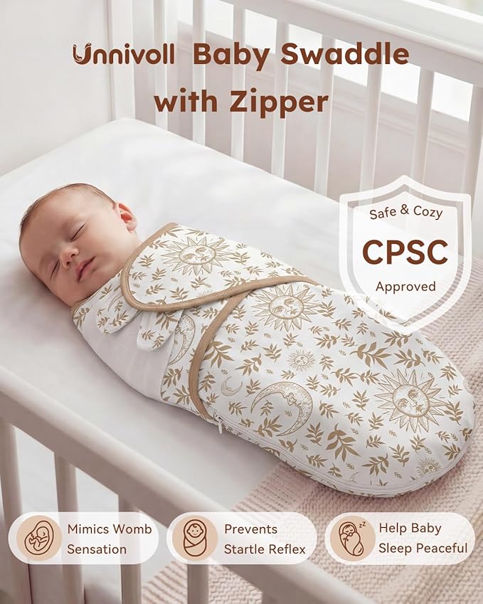 Baby Swaddles for Newborns with Zipper, 100% Cotton Newborn Swaddle Sack, 3 Pack Baby Swaddles 0-3 Months Swaddle Sleep Sack for Newborn Baby Boy Girl Brown Sun