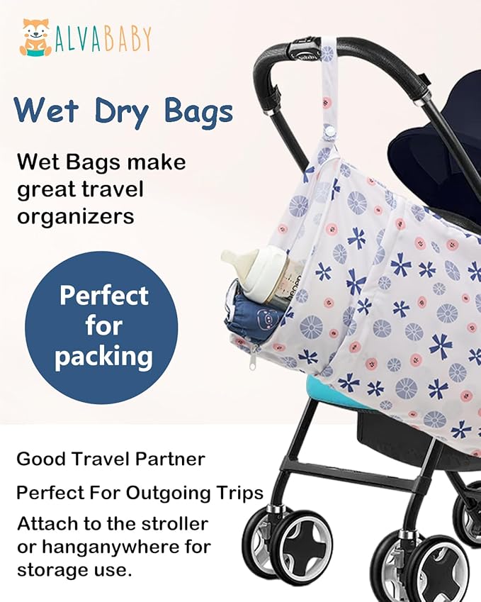 ALVABABY 3pcs Cloth Diaper Wet Dry Bags Waterproof Reusable with Two Zippered Pockets Travel Beach Pool Daycare Soiled Baby Items Yoga Gym Bag for Swimsuits or Wet Clothes 3L-ZM36