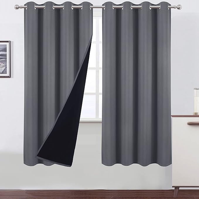 LEMOMO 100% Blackout Curtains 52 x 72 Inch/Grey Curtains 2 Panels with Black Lining Room Darkening Thermal Insulated Bedroom Curtains