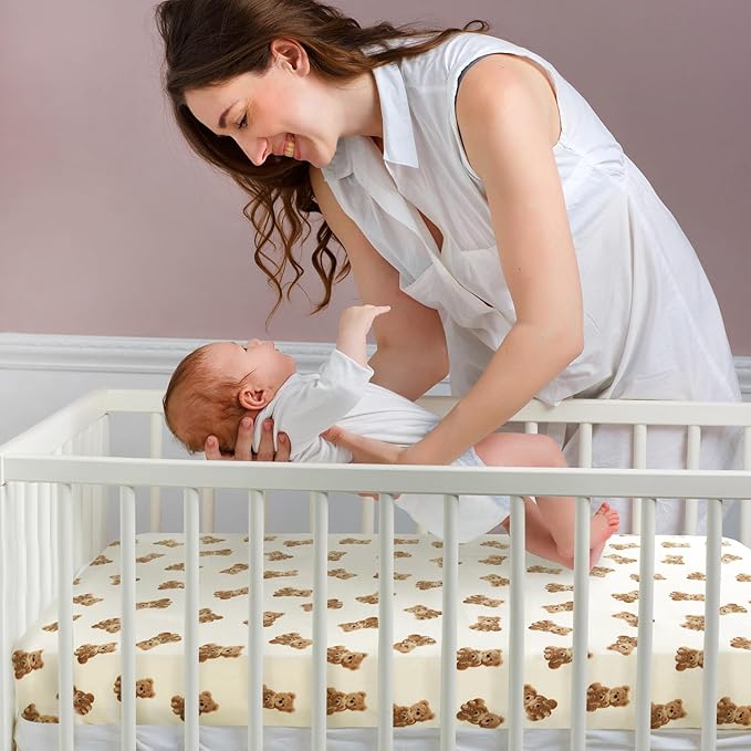 LifeTree Crib Sheets for Baby Unisex - Muslin Fitted Crib Sheets Toddler Bed Sheet, 70% Viscose from Bamboo and 30% Cotton, Fits Mini Crib & Pack and Play Playard, Bear, 26in x 38in