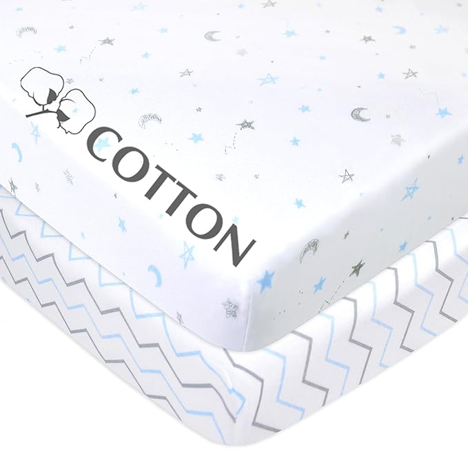 American Baby Company 2 Pack 100% Natural Cotton Fitted Mini Crib Sheets 38" x 24" - Soft & Breathable Small Nesting Portable Sheets, Fits Pack N Play Mattresses, Blue Star/Zigzag, for Boys & Girls